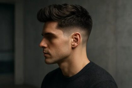 Coupe blowout taper homme avec dégradé progressif sur les côtés et volume soufflé sur le dessus