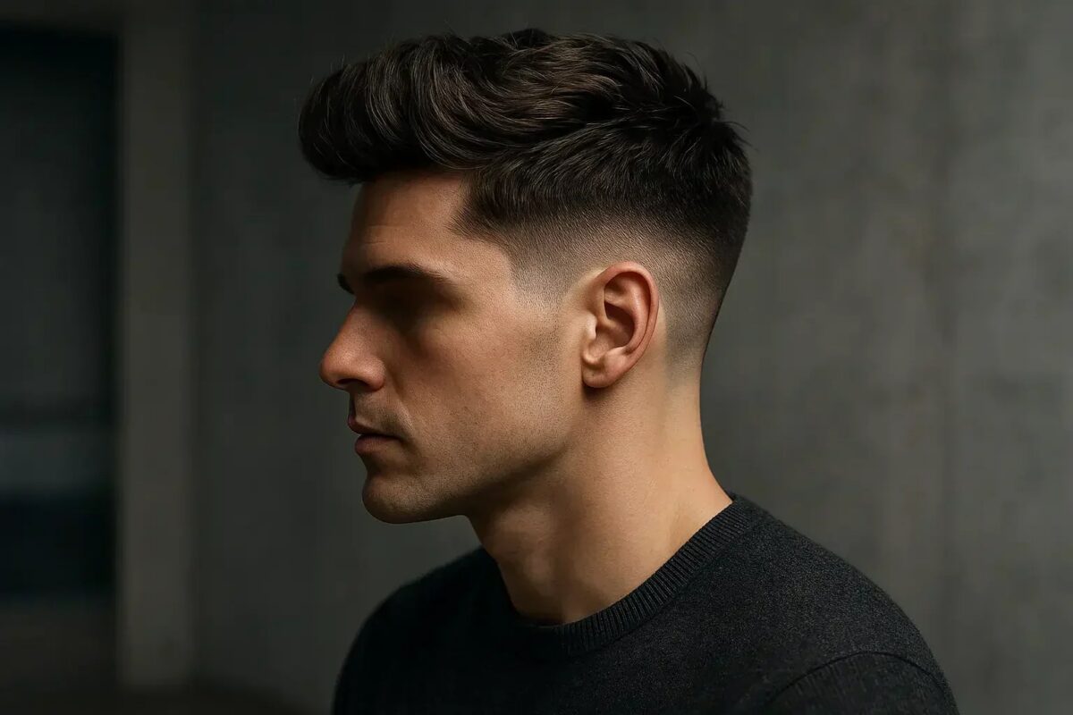 Coupe blowout taper homme avec dégradé progressif sur les côtés et volume soufflé sur le dessus