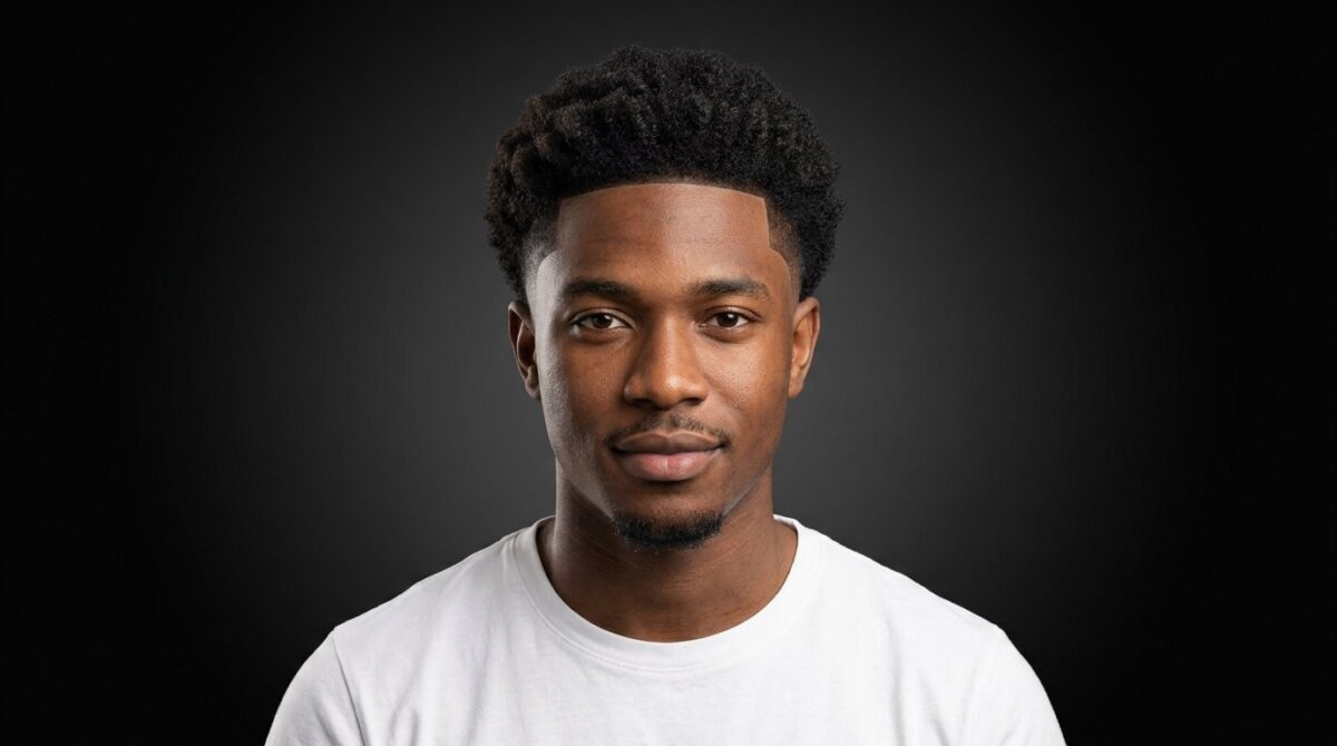 Profil d'un burst fade avec dégradé en arc autour de l'oreille et nuque laissée longue