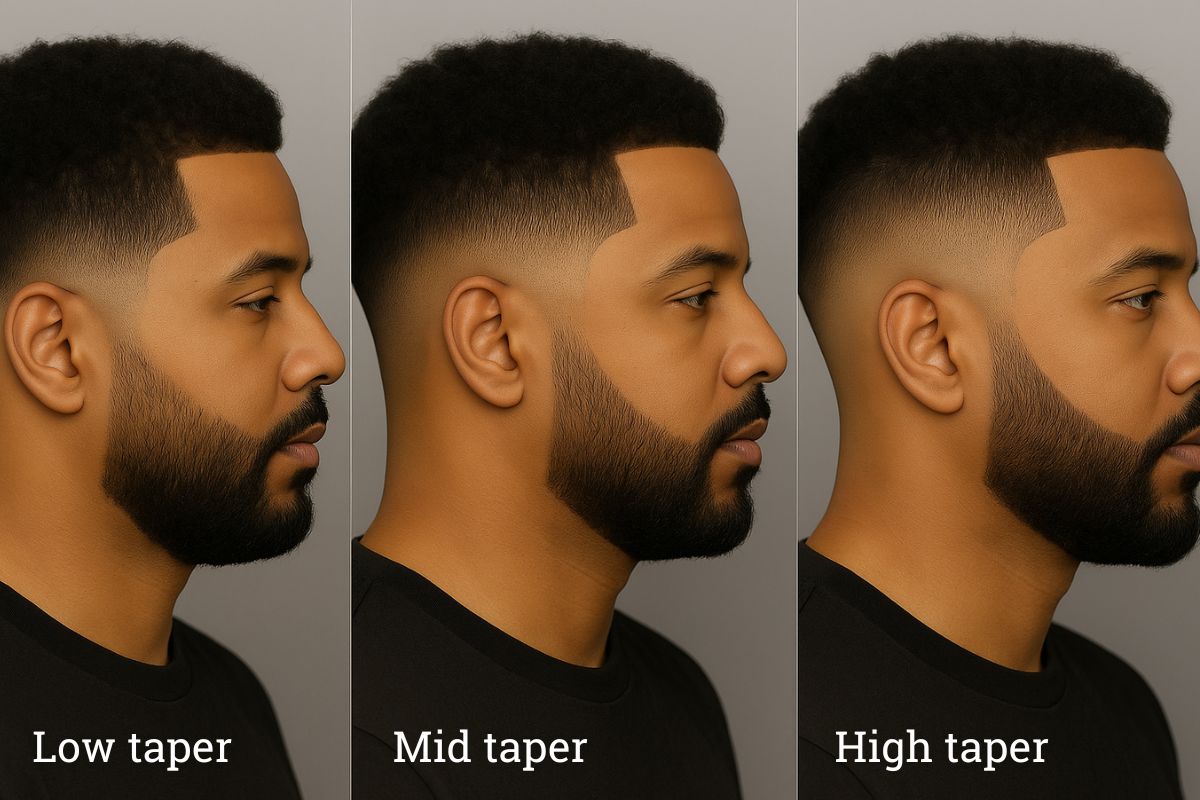 Low taper homme avec dégradé bas progressif autour des oreilles et de la nuque