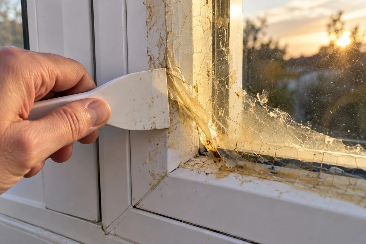 Film protecteur cuit par le soleil qu'on décolle délicatement d'une vitre avec une spatule souple